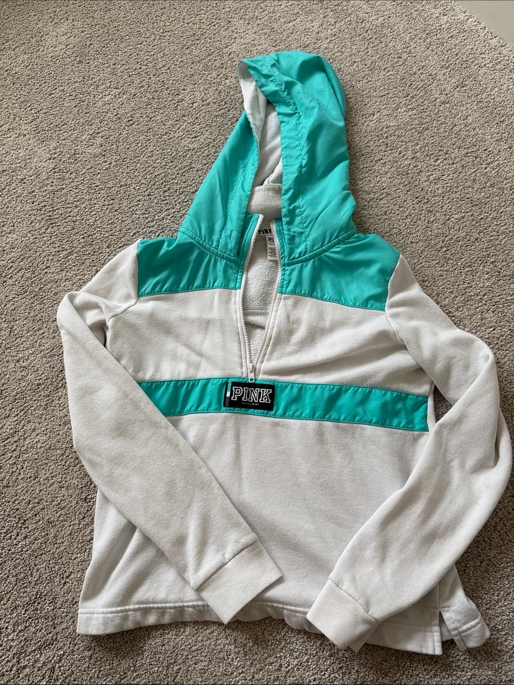 PINK Victoria's Secret White and Teal Half-Zip Hooded Pullover